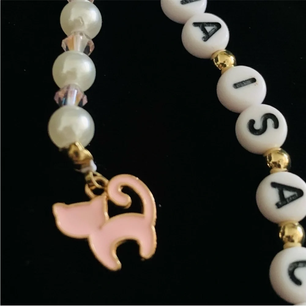 Karma Is A Cat Keychain Pearls and Pink Crystals on A Gold Tone Keyring Pink Cat